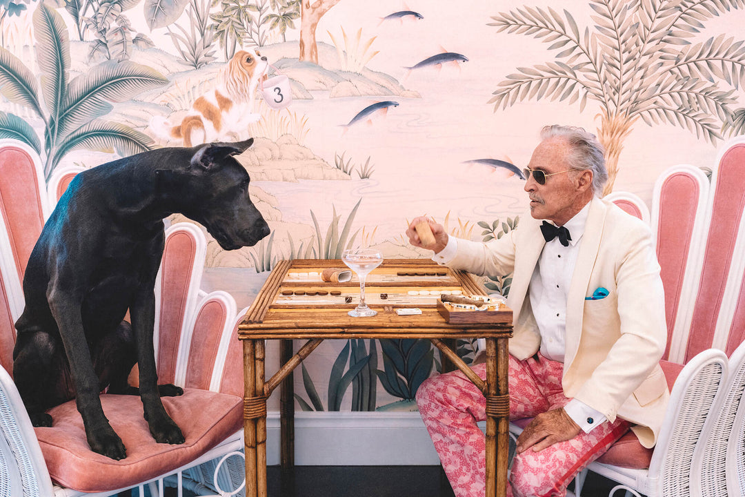 The colony hotel, palm beach, palm beach interior design, de gournay wallpaper, pink wallpaper, decorating with pink, grate dane, backgammon, mens pink pants, lilly pulitzer, vintage lily pulitzer, backgammon and cocktails, games with dogs, palm beach fashion, pink chairs