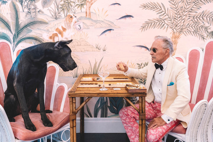 The colony hotel, palm beach, palm beach interior design, de gournay wallpaper, pink wallpaper, decorating with pink, grate dane, backgammon, mens pink pants, lilly pulitzer, vintage lily pulitzer, backgammon and cocktails, games with dogs, palm beach fashion, pink chairs