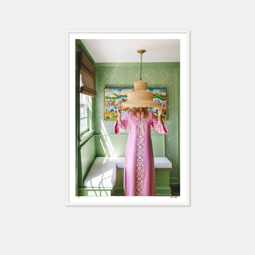 oink dress with woman under rattan lampshade