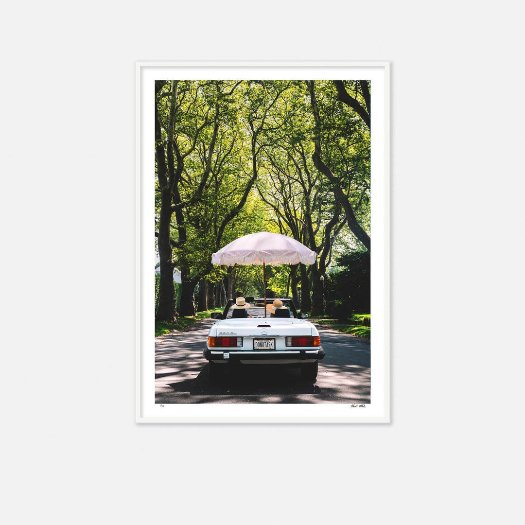 Nick Mele print titled "Cruisin" - A white convertible car with a pink umbrella in the convertable on a tree-lined road