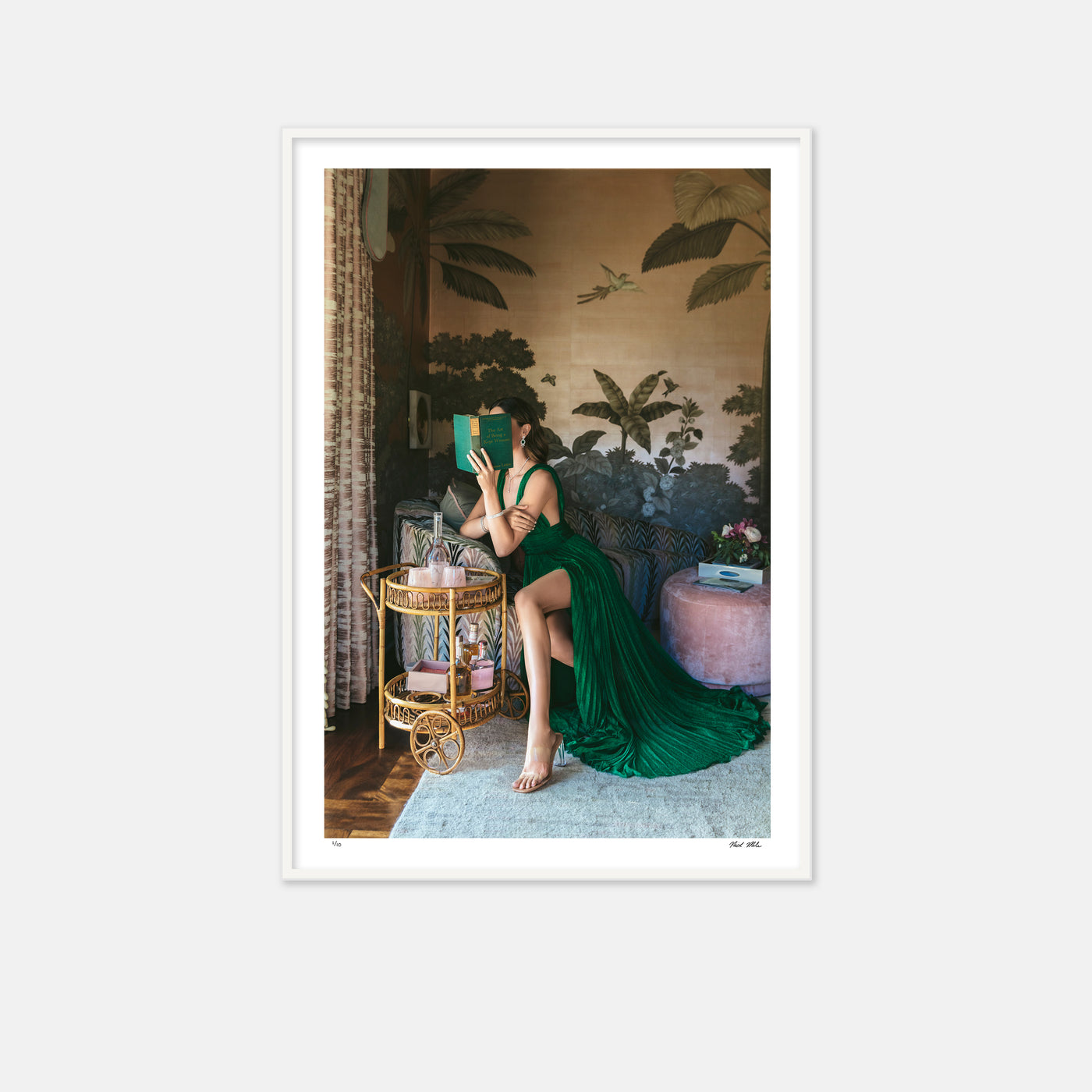 green dress, kept woman, palm tree wallpaper, green book, palm beach, newport, nick mele photography 