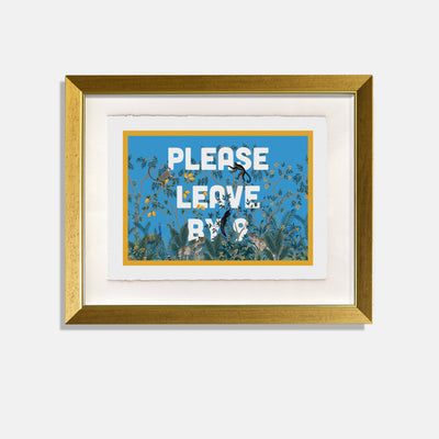 botanical print with monkeys and text saying "please leave by nine" in a gold frame.