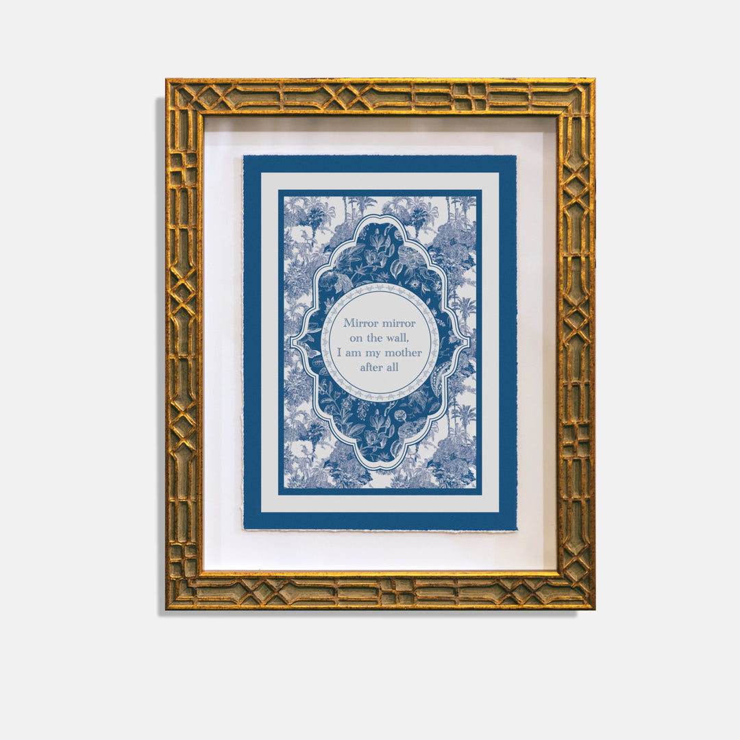 Printed blue floral pattern on watercolor paper. Mirror Mirror on the wall I am my mother after all. 