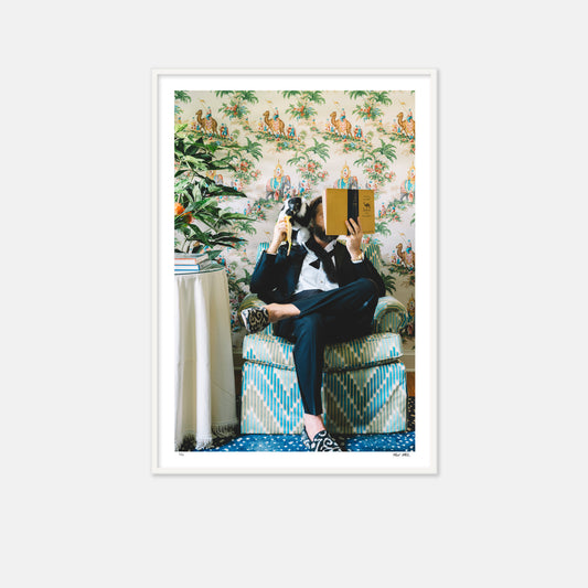 Man on chair with lemur reading book