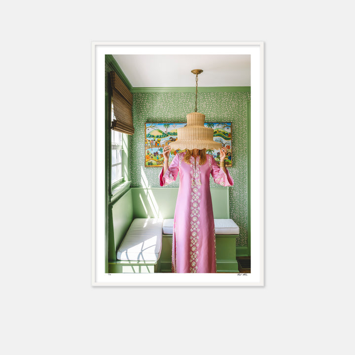 oink dress with woman under rattan lampshade 