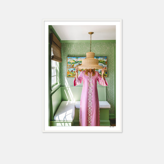 oink dress with woman under rattan lampshade 