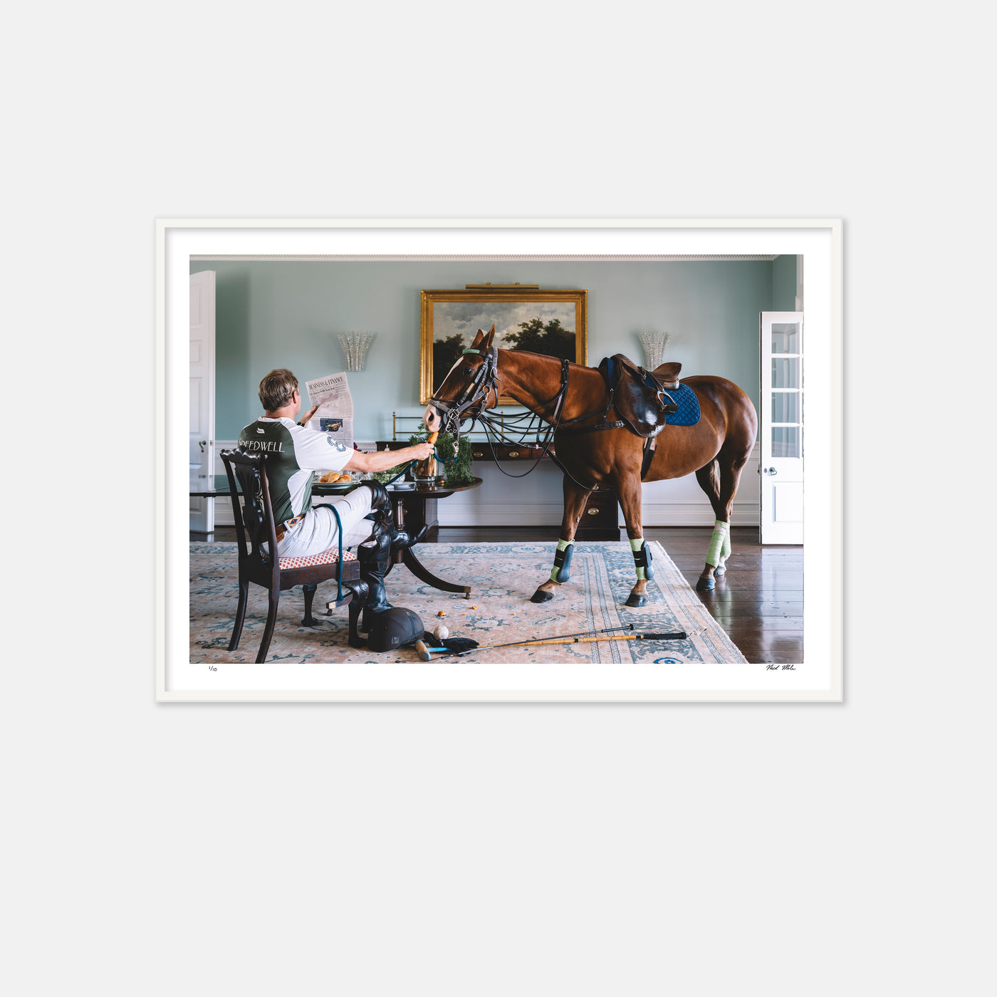 horse in dining room being fed a carrot