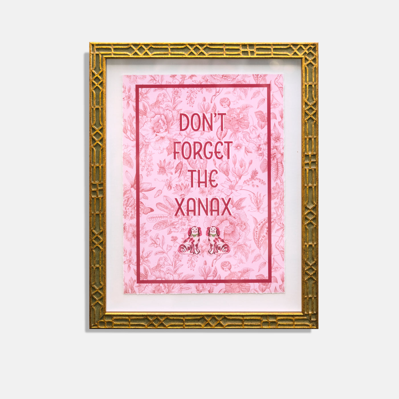 Floral pink print with text "Don't forget the xanax" with two small dogs in gold frame.
