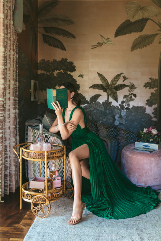 green dress, kept woman, palm tree wallpaper, green book, palm beach, newport, nick mele photography