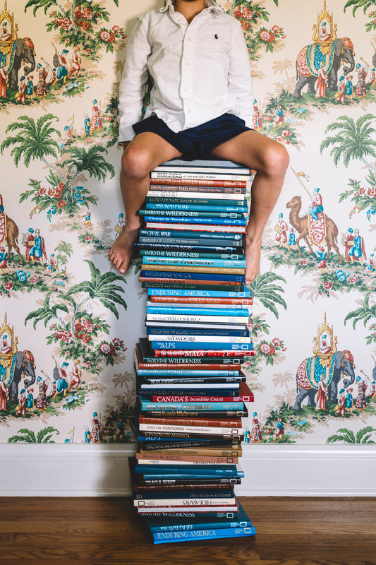 young boy sitting on stacked books with a  backdrop of camel wallpaper