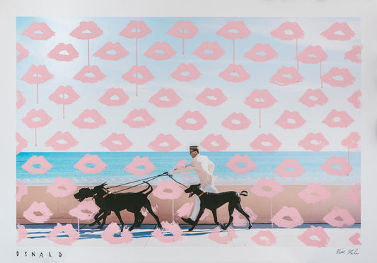 Surreal artwork of a person walking two dogs with a patterned background