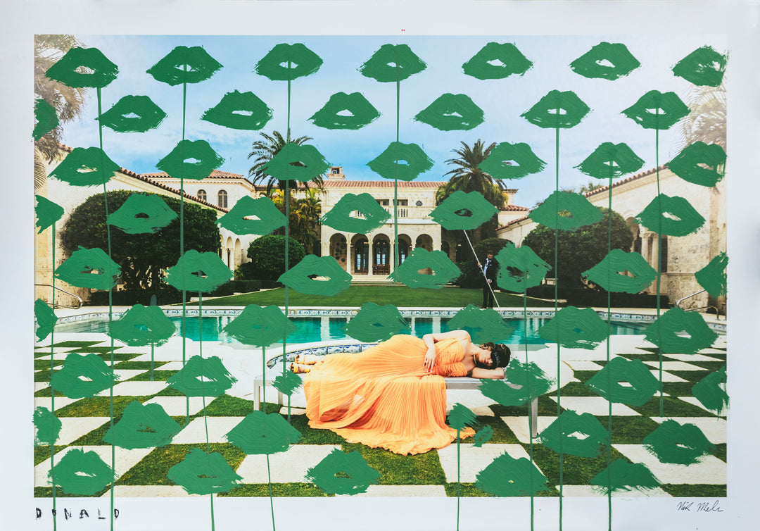 Woman in an orange dress lying on grass with green abstract shapes and a building in the background