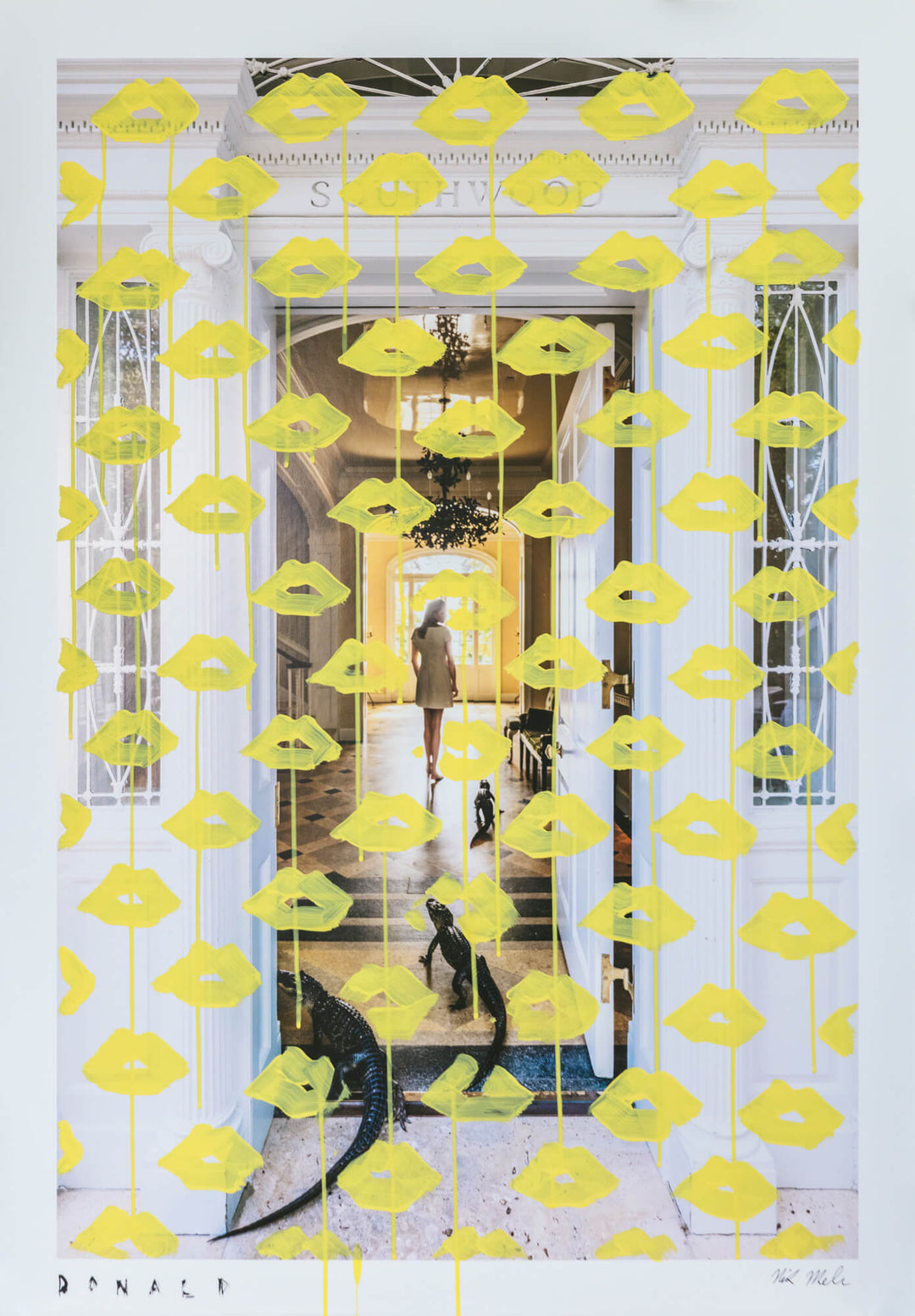 Yellow floral patterned curtain with a view of a room in the background