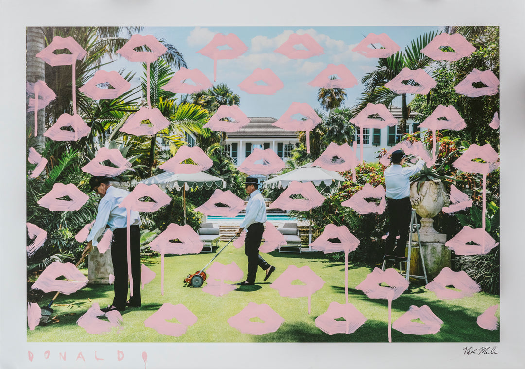 Artistic photo of people mowing a lawn with pink floral arrangements and lips.