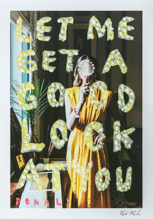 Person in a yellow dress holding a mirror with decorative text overlay.