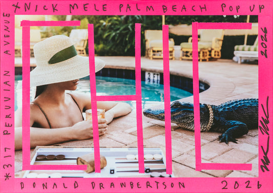 Promotional poster for Nick Mele Palm Beach Pop Up event with a person by a pool.