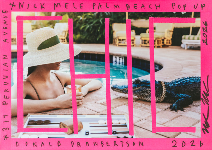 Promotional poster for Nick Mele Palm Beach Pop Up event with a person by a pool.