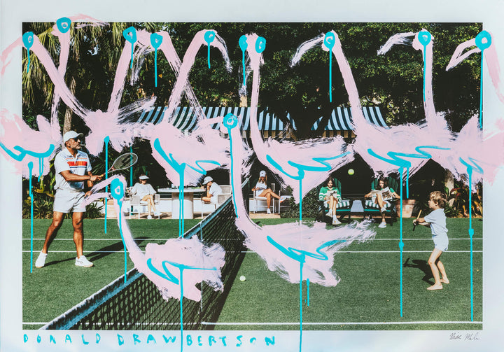 Collage of a tennis match with stylized pink flamingos and blue accents.