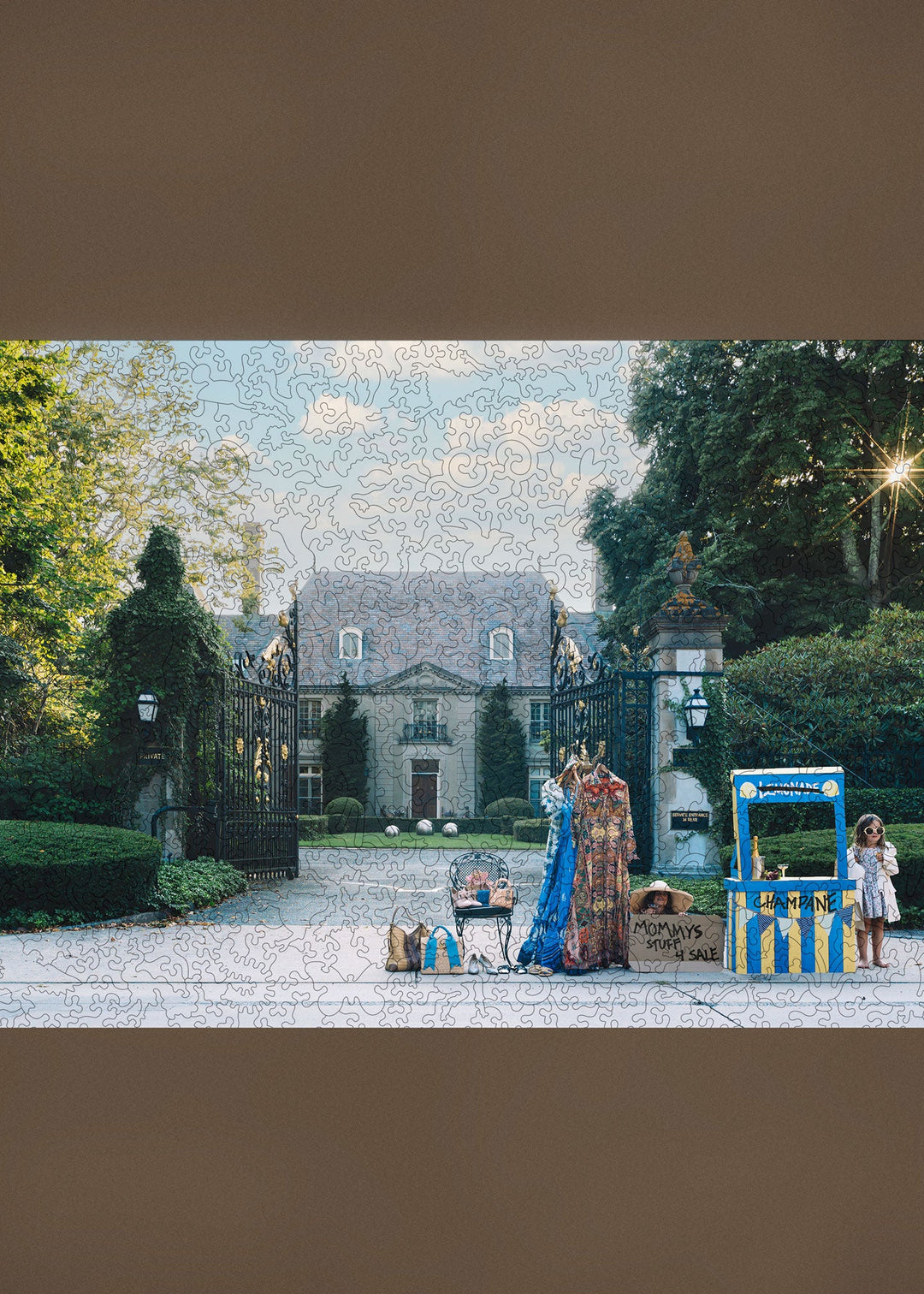 Girl runs a champagne stand beside a 'Mommy's Stuff 4 Sale' sign at a mansion gate. Nick Mele wooden jigsaw puzzle