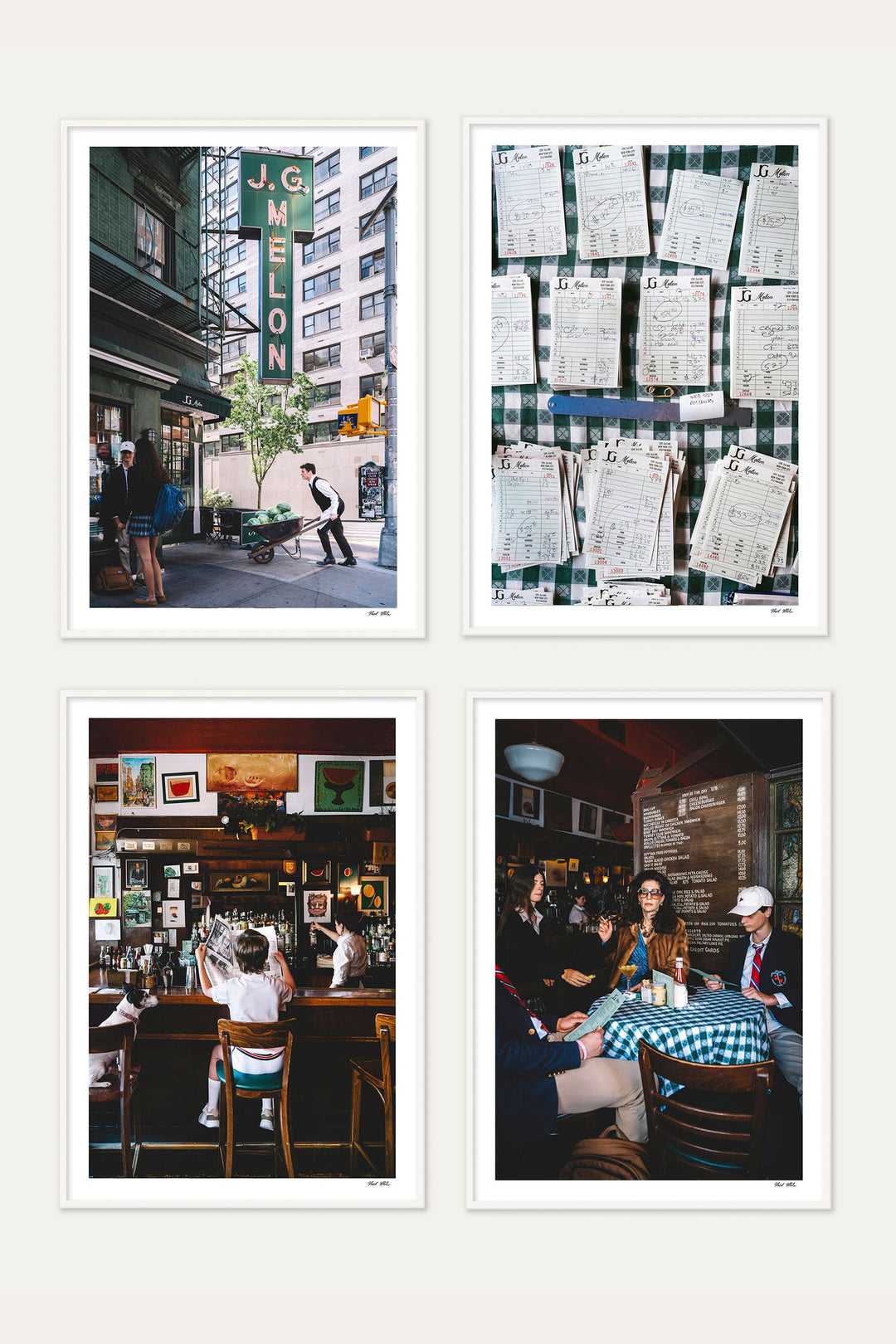 Framed set of four J.G. Melon prints: Melons, Check Please, Bar Service and Holding Court, Nick Mele x Bergdorf Goodman