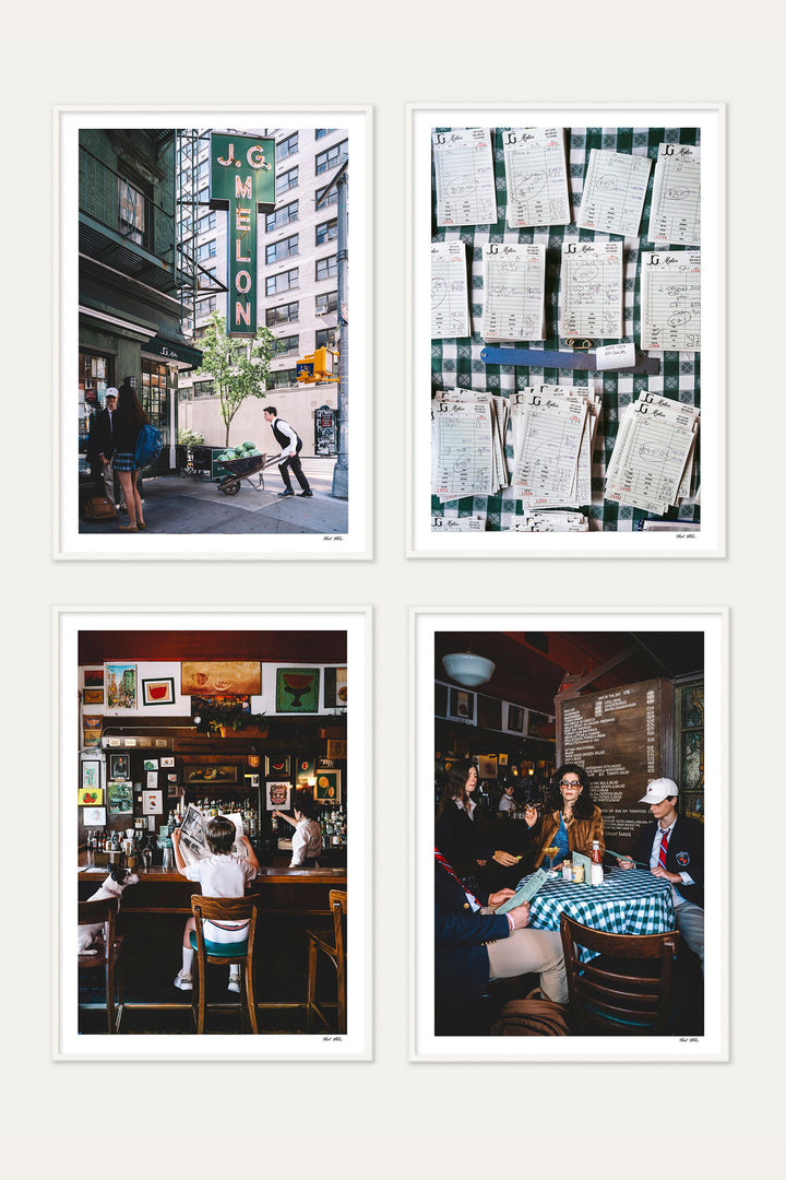 Framed set of four J.G. Melon prints: Melons, Check Please, Bar Service and Holding Court, Nick Mele x Bergdorf Goodman
