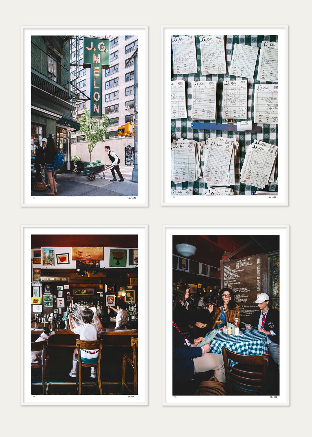 Framed set of four J.G. Melon prints: Melons, Check Please, Bar Service and Holding Court, Nick Mele x Bergdorf Goodman