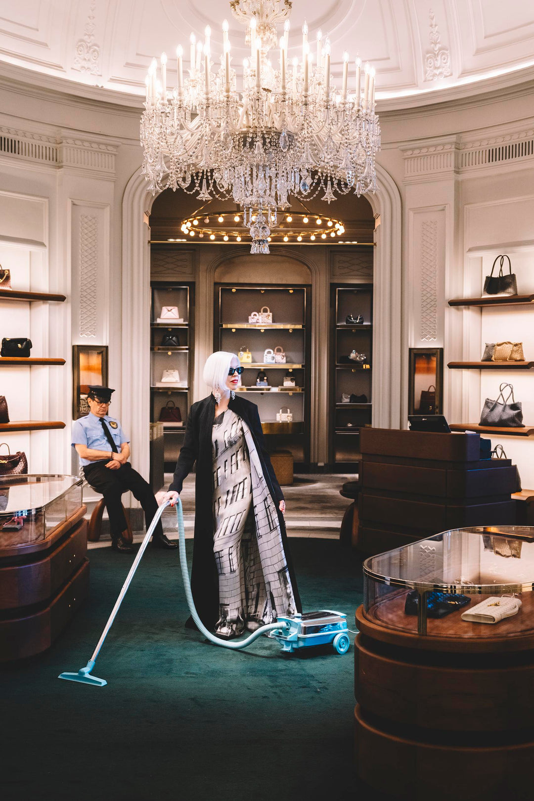 Silver-haired woman vacuums a handbag salon under a crystal chandelier. Nick Mele x Bergdorf Goodman, A New York Affair