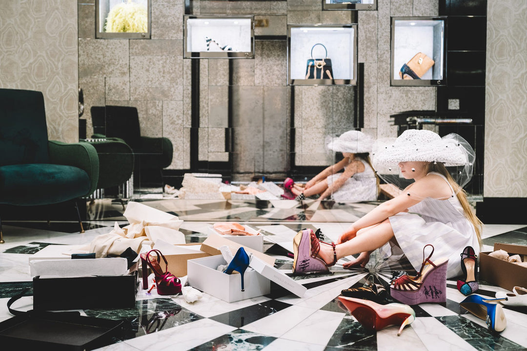 Girl in a veiled hat tries on platform heels among scattered shoe boxes. Nick Mele x Bergdorf Goodman, A New York Affair