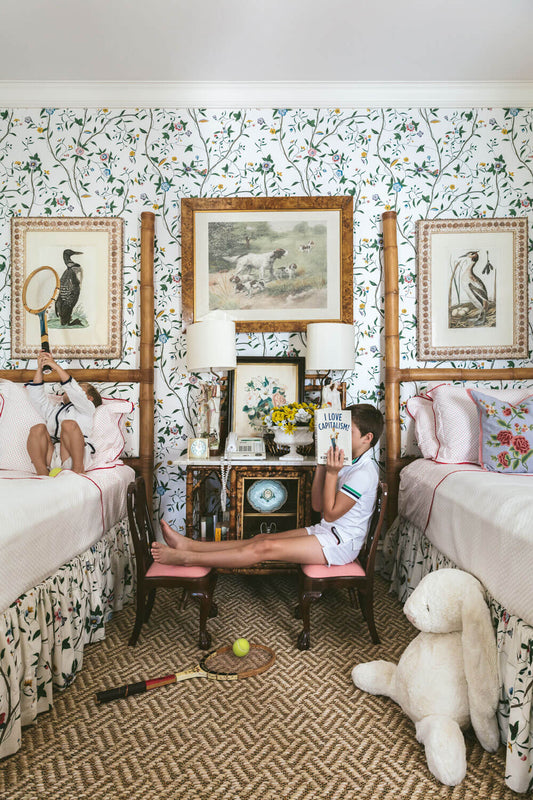 retro tennis, wood tennis racquet, floral wallpaper, twin beds, palm beach, palm beach interior design, i love capitalism