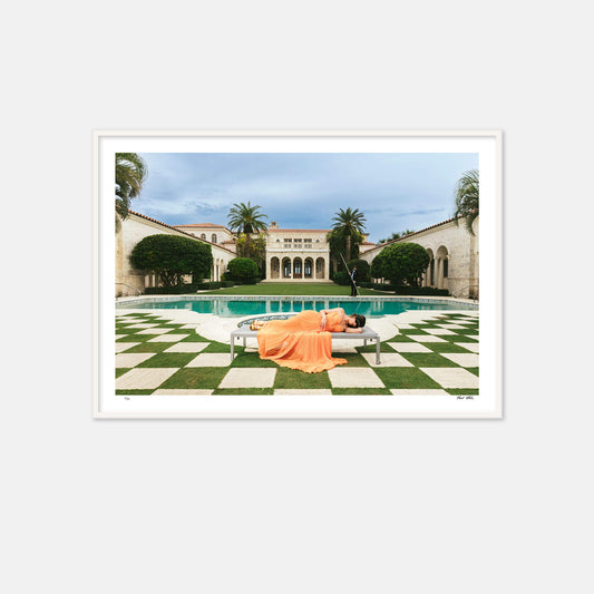 sleeping beauty, palm beach, palm beach architecture, pool design, eye mask, sleeping mask, orange dress, checkerboard patio, checkerboard pool deck, spanish style architecture, gilded age, la follia, palm beach estate