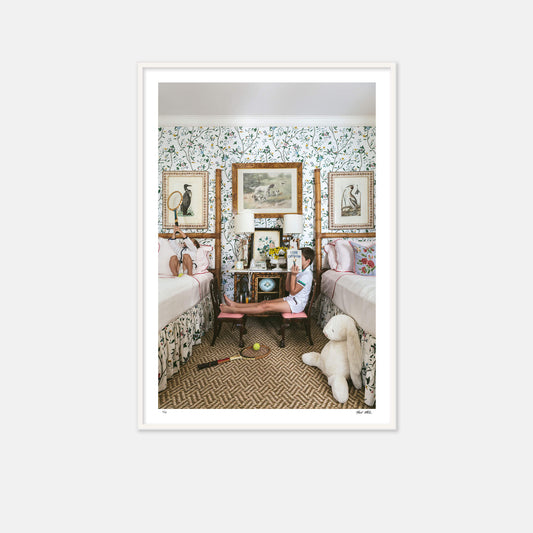 retro tennis, wood tennis racquet, floral wallpaper, twin beds, palm beach, palm beach interior design, i love capitalism