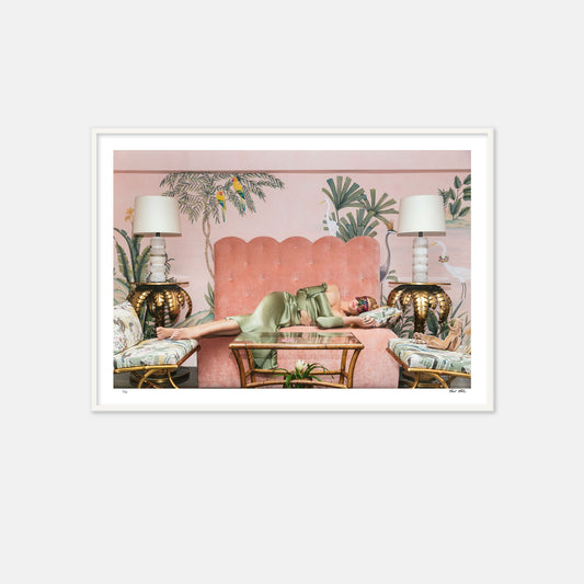 sleeping beauty, the colony hotel, palm beach, palm beach design, palm beach interiors, palm beach hotel, pink sofa, pink velvet sofa, de gournay wallpaper, pink wallpaper, bird wallpaper, lady sleeping, model sleeping, eye cover, green silk dress, 