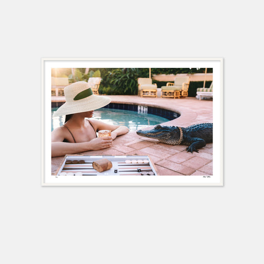 the colony hotel, palm beach, palm beach pool, vintage palm beach, retro palm beach, alligator at the pool, backgammon by the pool, alligator and lady, swimming with alligator, palm beach landscape